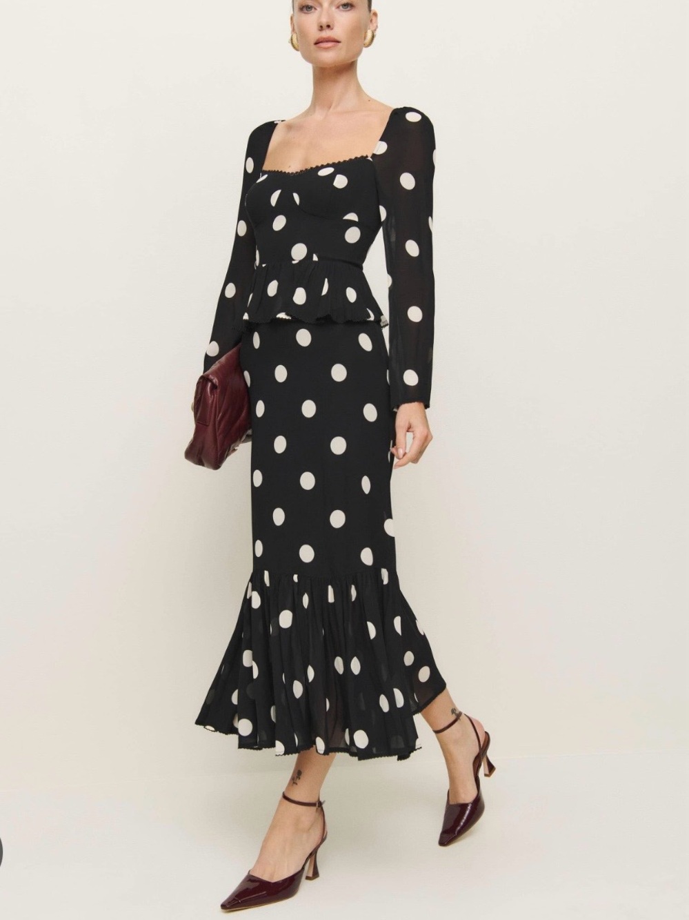 Reformation Zandra Black and White Polka Dot Long Sleeve Peplum Midi Dress